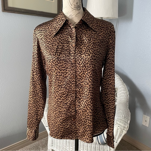 Express Silk Leopard Print Button Up Blouse Size Small - Picture 1 of 5